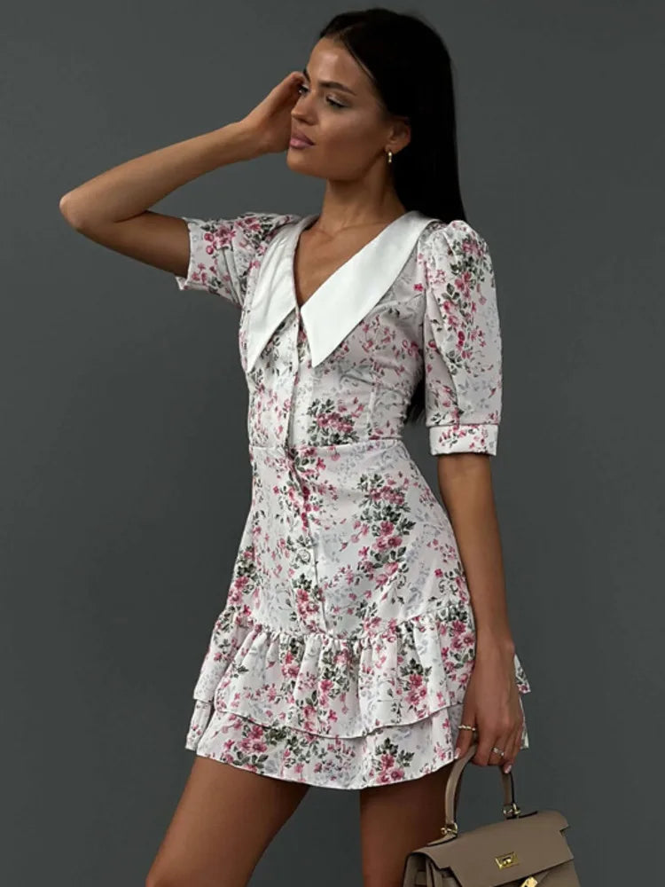 Short Sleeve Floral Mini Dress For Women Robe Turn-down Collar Elegant French Dress Ladies Fashion High Waist Dresses