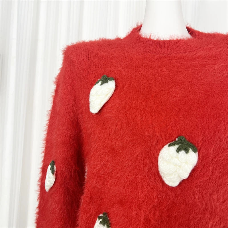 Autumn Winter Sweet Red Mink Strawberry Print Knitted Sweater Women Vintage Round Neck Vacation Long Sleeves Soft Pullover Tops