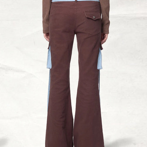 Load image into Gallery viewer, Colorblock Patchwork Pockets Cargo Flare Denim Pants For Women High Waist Spliced Belts Streetwear Jeans Female

