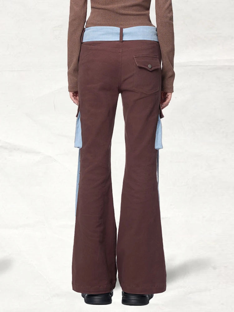 Colorblock Patchwork Pockets Cargo Flare Denim Pants For Women High Waist Spliced Belts Streetwear Jeans Female