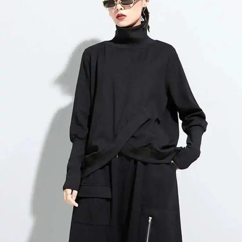 Load image into Gallery viewer, Women Black Irregular Split Joint Big Size T-shirt New Turtleneck Long Sleeve  Fashion Tide Spring Autumn 2025 1DC670
