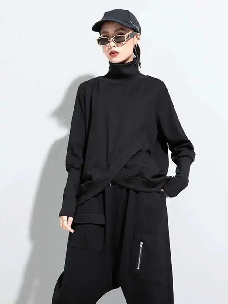 Women Black Irregular Split Joint Big Size T-shirt New Turtleneck Long Sleeve  Fashion Tide Spring Autumn 2025 1DC670