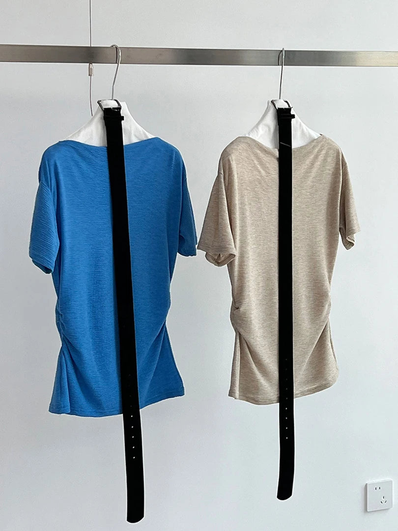 Women Blue Brief Belted Elegant Casual T-shirt New Slash Neck Short Sleeve Fashion Tide Spring Summer 2025 1DJ1475