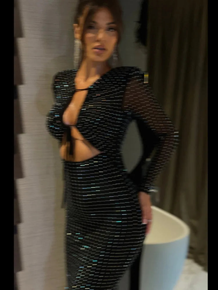 Sexy Shiny Bodycon Lace Up Dress Elegant Party For Women Club Evening Dress Autumn And Winter New Clothing 2025 Vestdos