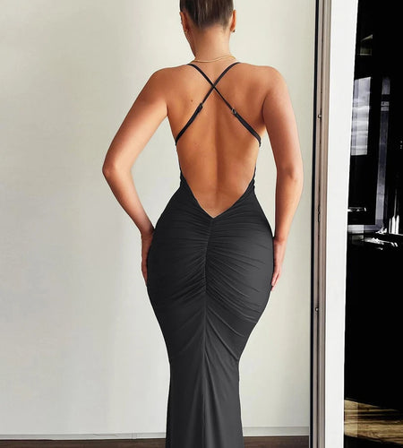 Summer Solid Slips Backless Ruched Sexy Bodycon Maxi Prom Dress Women Fashion Clothes Birthday Party Festival Y2K