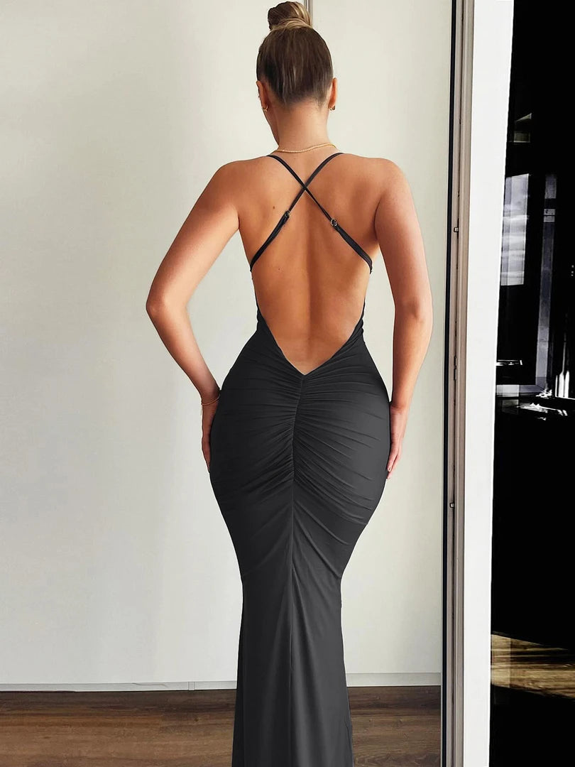 Summer Solid Slips Backless Ruched Sexy Bodycon Maxi Prom Dress Women Fashion Clothes Birthday Party Festival Y2K