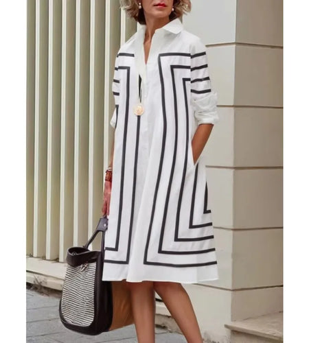 Women Autumn Shirt Dress Cotton-Blended Loose Striped H-line Lapel 2024 New Office Ladies Long Sleeve Midi Dresses