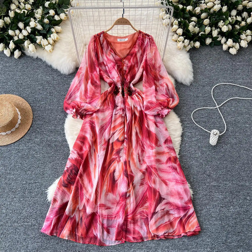 Load image into Gallery viewer, French Women Print Sequin Evening Party Dress Autumn V Neck Elegant Lantern Long Sleeved Temperament Pleated Dress Bohemian Chic
