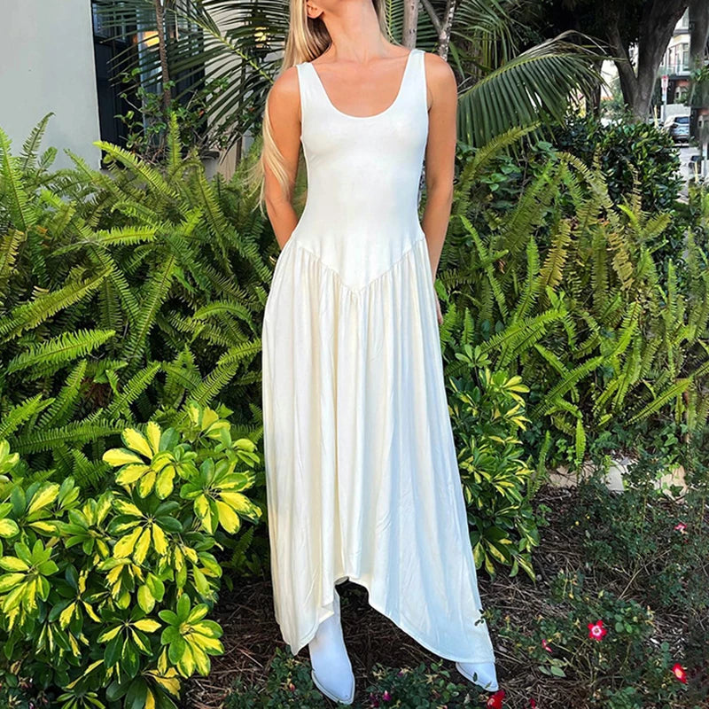 Streetwear White Tank Long Dress Holidays Basic Fashion Sleeveless Folds A-Line Summer Dress Female Korean Beach New