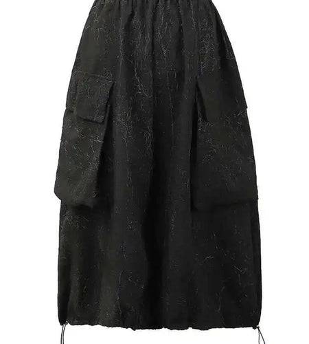 High Elastic Waist Black Big Pocket Drawstring Midi Half-body Skirt Women Fashion Tide New Spring Autumn 2025 1DH5352