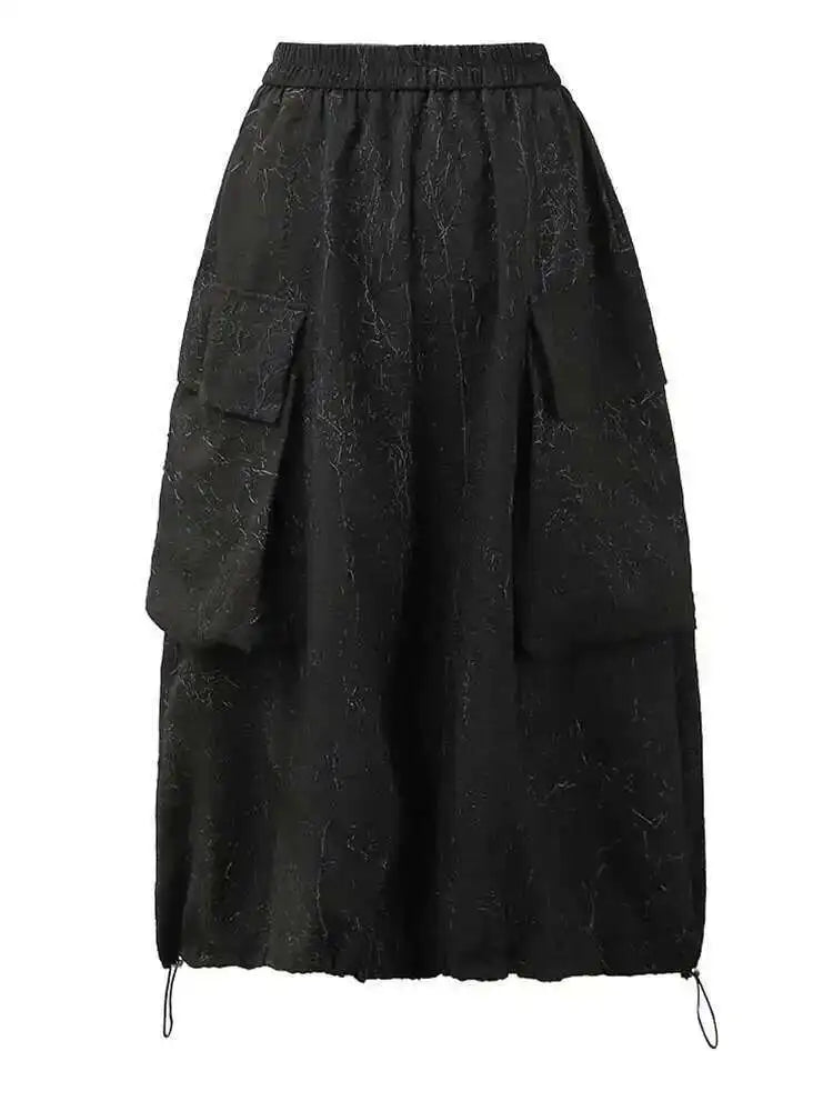 High Elastic Waist Black Big Pocket Drawstring Midi Half-body Skirt Women Fashion Tide New Spring Autumn 2025 1DH5352