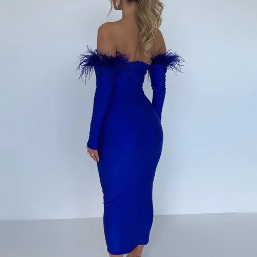 Load image into Gallery viewer, Elegant Off-shoulder Feather Sleeve Maxi Dress Women 2022 New Strapless Backless Bodycon Long Dress Vestido
