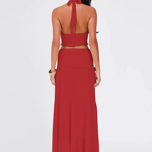 Load image into Gallery viewer, Sexy Sleeveless Skirt Two Pieces Sets For Women V-neck Hollow Out Crop Tops And Long Skirt Patchwork Two Pieces Sets
