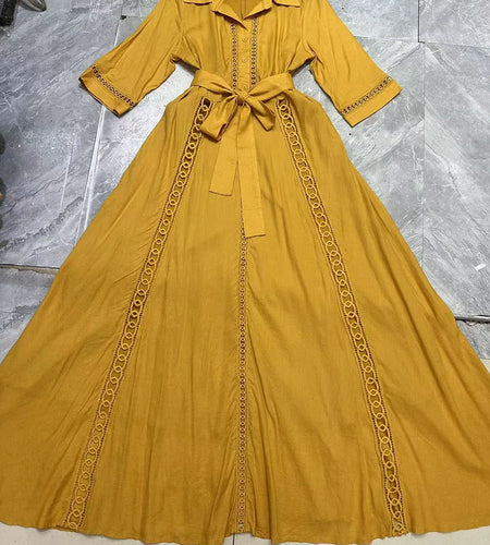 Hollow Out Spliced Single Breasted Fashion Dresses for Women Lapel Short Sleeves Patchwork Lace Up Dress Female New