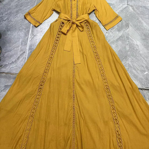 Load image into Gallery viewer, Hollow Out Spliced Single Breasted Fashion Dresses for Women Lapel Short Sleeves Patchwork Lace Up Dress Female New
