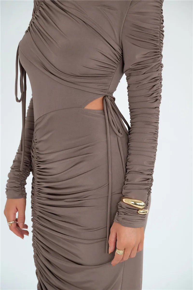 Long Sleeve Ruched Sexy Maxi Dress For Women Autumn Winter New Drawstring Turtleneck Bodycon Sexy Long Dress Elegant