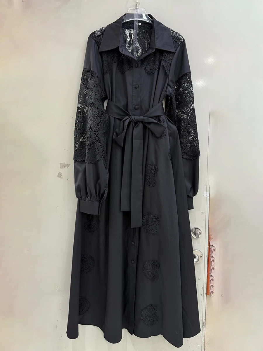 Hit Color Spliced Button Loose Dresses For Women Lapel Long Sleeve High Waist Temperament  Dress Female Fashion New