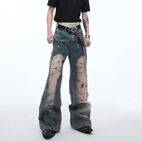 Load image into Gallery viewer, Men&#39;s Mesh Spliced Jeans Hollowed Out Gradual Niche Design Flare Pants Denim Patchwork Male Summer Fashion Trend 24Y165
