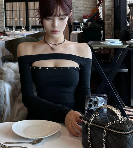 Y2k Aesthetic Women Sexy Hollow Out Rivet T-shirt Vintage Solid Streetwear Grunge Tshirts Harajuku Vintage Slash Neck Tees Femme