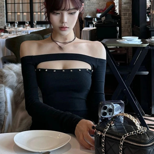 Load image into Gallery viewer, Y2k Aesthetic Women Sexy Hollow Out Rivet T-shirt Vintage Solid Streetwear Grunge Tshirts Harajuku Vintage Slash Neck Tees Femme
