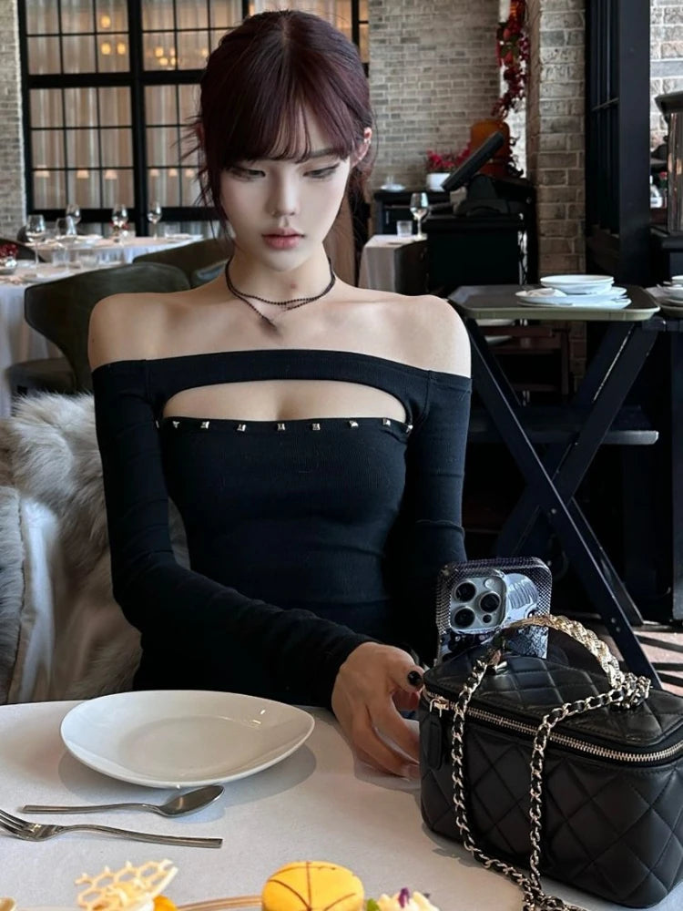 Y2k Aesthetic Women Sexy Hollow Out Rivet T-shirt Vintage Solid Streetwear Grunge Tshirts Harajuku Vintage Slash Neck Tees Femme