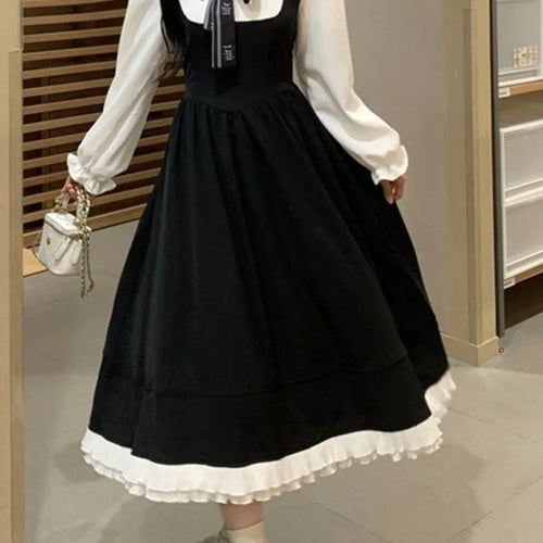 Load image into Gallery viewer, Korean Style School Black Dress Sweet Japanese Harajuku Kawaii Cute Peter Pan Collar Dresses Autumn Winter
