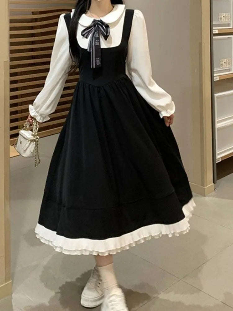 Korean Style School Black Dress Sweet Japanese Harajuku Kawaii Cute Peter Pan Collar Dresses Autumn Winter