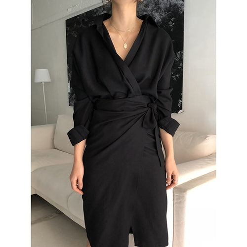 Load image into Gallery viewer, Korean Ruched Lace Up Women&#39;s Dress V Neck Long Sleeve Rise Waist Split Spring Dresses Female Fashion
