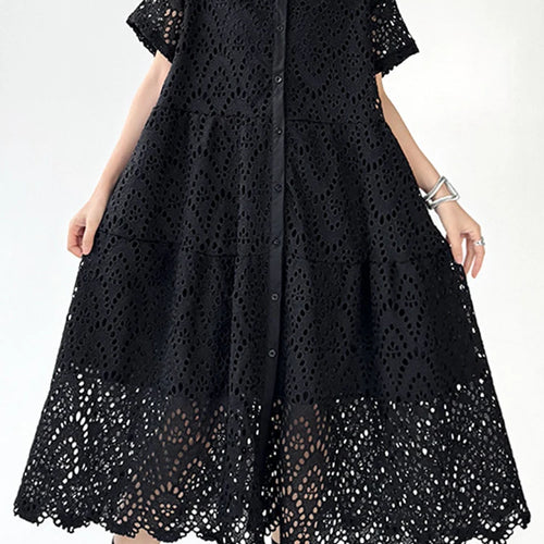 Load image into Gallery viewer, Women Black Lace Hollow Out Big Size Midi Shirt Dress New Lapel Short Sleeve Fashion Tide Spring Summer 2025 1DJ1166
