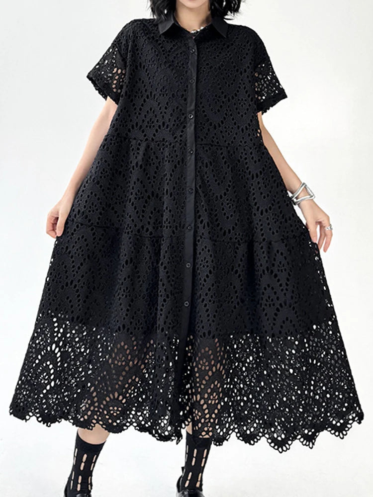 Women Black Lace Hollow Out Big Size Midi Shirt Dress New Lapel Short Sleeve Fashion Tide Spring Summer 2025 1DJ1166