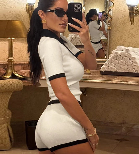 Sporty Casual 2 piece Set Women Tracksuit Hipster Polo Neck Crop Tops+Button Shorts Matching Skinny Stretch Streetwear