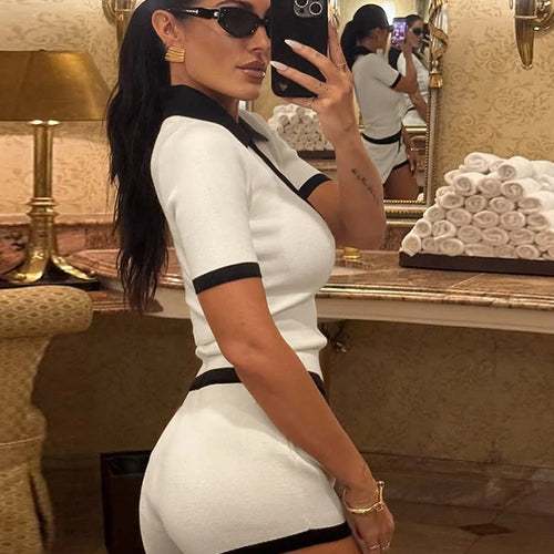 Load image into Gallery viewer, Sporty Casual 2 piece Set Women Tracksuit Hipster Polo Neck Crop Tops+Button Shorts Matching Skinny Stretch Streetwear
