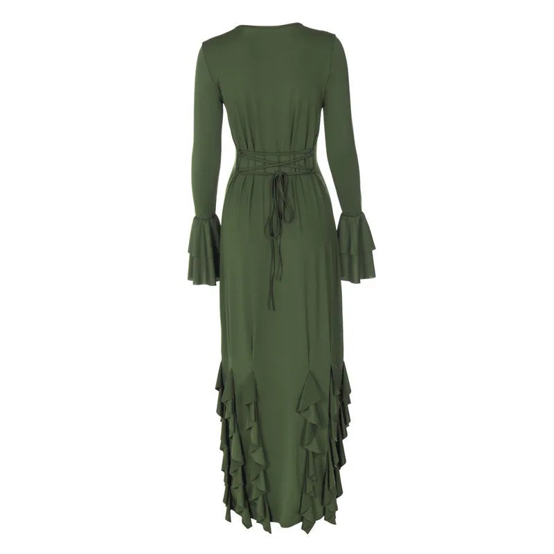 Lace-up Long Flare Sleeve Maxi Dress For Women Gown Autumn New Fashion O Neck Loose Ruffled Sexy Long Dress Elegant