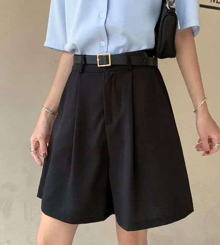 Summer New Black Blue Loose High Waist Wide Leg Pleated Shorts Korean Version Women Gray Office Short Pant Casual Fashion Simple