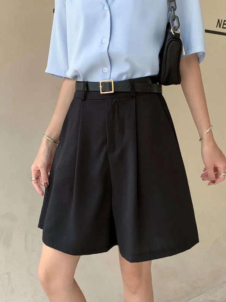 Summer New Black Blue Loose High Waist Wide Leg Pleated Shorts Korean Version Women Gray Office Short Pant Casual Fashion Simple