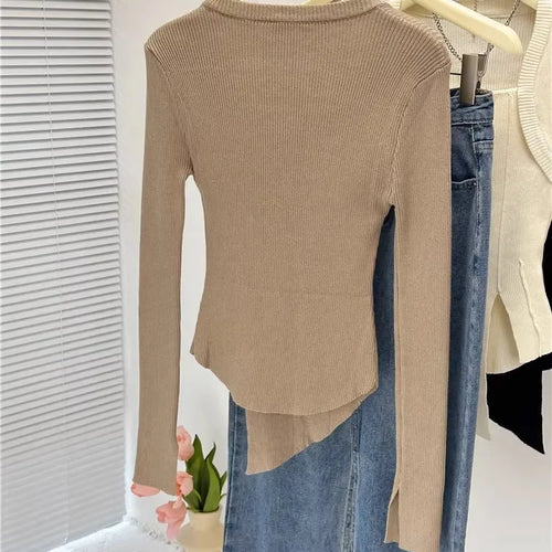 Load image into Gallery viewer, White Side Split Knitted Women&#39;s Sweater Square Collar Long Sleeve Sweaters Female Autumn Fashion New Clothes 2023 C-040
