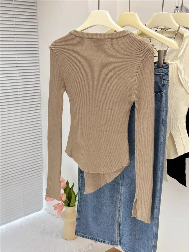 White Side Split Knitted Women's Sweater Square Collar Long Sleeve Sweaters Female Autumn Fashion New Clothes 2023 C-040