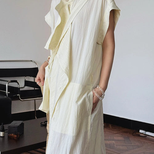 Load image into Gallery viewer, Women  Beige Ruffles Big Size Elelgant Long Dress New Stand Collar Short Sleeve Fashion Tide Spring Summer 2025 1DJ1406
