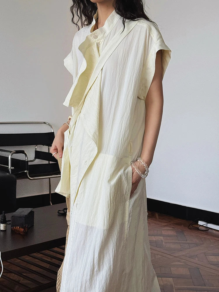 Women  Beige Ruffles Big Size Elelgant Long Dress New Stand Collar Short Sleeve Fashion Tide Spring Summer 2025 1DJ1406