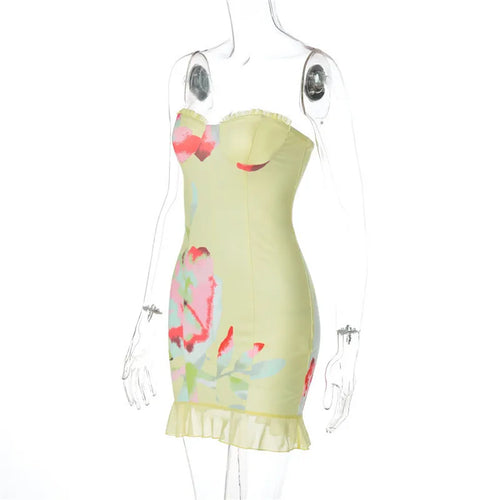 Load image into Gallery viewer, Off-shoulder Strapless Sexy Mini Dress For Women Robe Yellow Sleeveless Backless Ruffled Printed Club Dress Vestido
