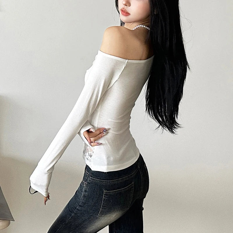 y2k Lace Top Women Coquette Clothing See Through Slash Neck One Shoulder Twist Front Long Sleeve T Shirt Streetwear