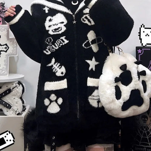 Load image into Gallery viewer, Streetwear Cartoon Jacquard Vintage Fluffy Coats Women Loose Sweet Y2k Aesthetic Zipper Top Japanese Kawaii Gothic Casual Jacket
