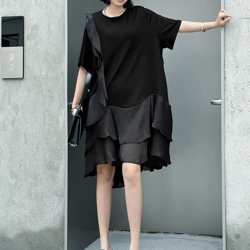 Load image into Gallery viewer, Women Black Ruffles Irregular Big Size Mini Dress New Round Neck Short Sleeve Fashion Tide Spring Summer 2025 1DJ1365
