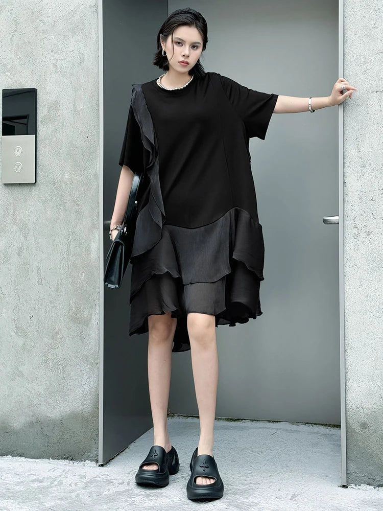Women Black Ruffles Irregular Big Size Mini Dress New Round Neck Short Sleeve Fashion Tide Spring Summer 2025 1DJ1365