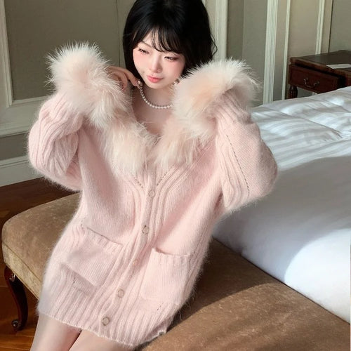 Load image into Gallery viewer, Women Fur Patchwork Hooded Grunge Cardigan Streetwear Vintage Single Breasted Solid Jackets Y2k Aesthetic Casual Loose Sweaters
