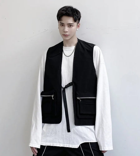 Male Coat Solid Color Mulit-zippers Vest Collarless Personalized Sleeveless Casual Fashionable Men's Tank Tops 2025 9W1243