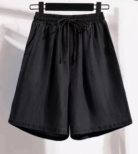 Women Black Short Jeans Pant 2024 Summer Drawstring Bandage Elastic Waist Loose Straight Blue Casual Streetwear Denim Shorts New