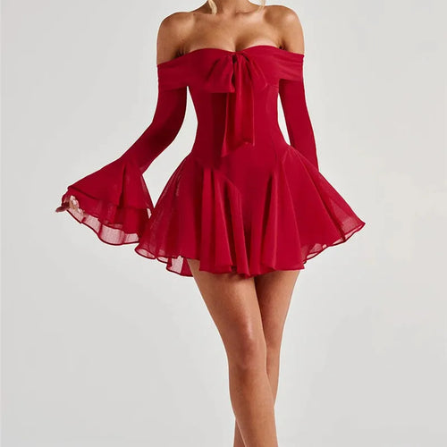 Load image into Gallery viewer, Strapless Long Flare Sleeve Sexy Mini Dress For Women Robe Off-shoulder Backless High Waist A-line Club Party Dress
