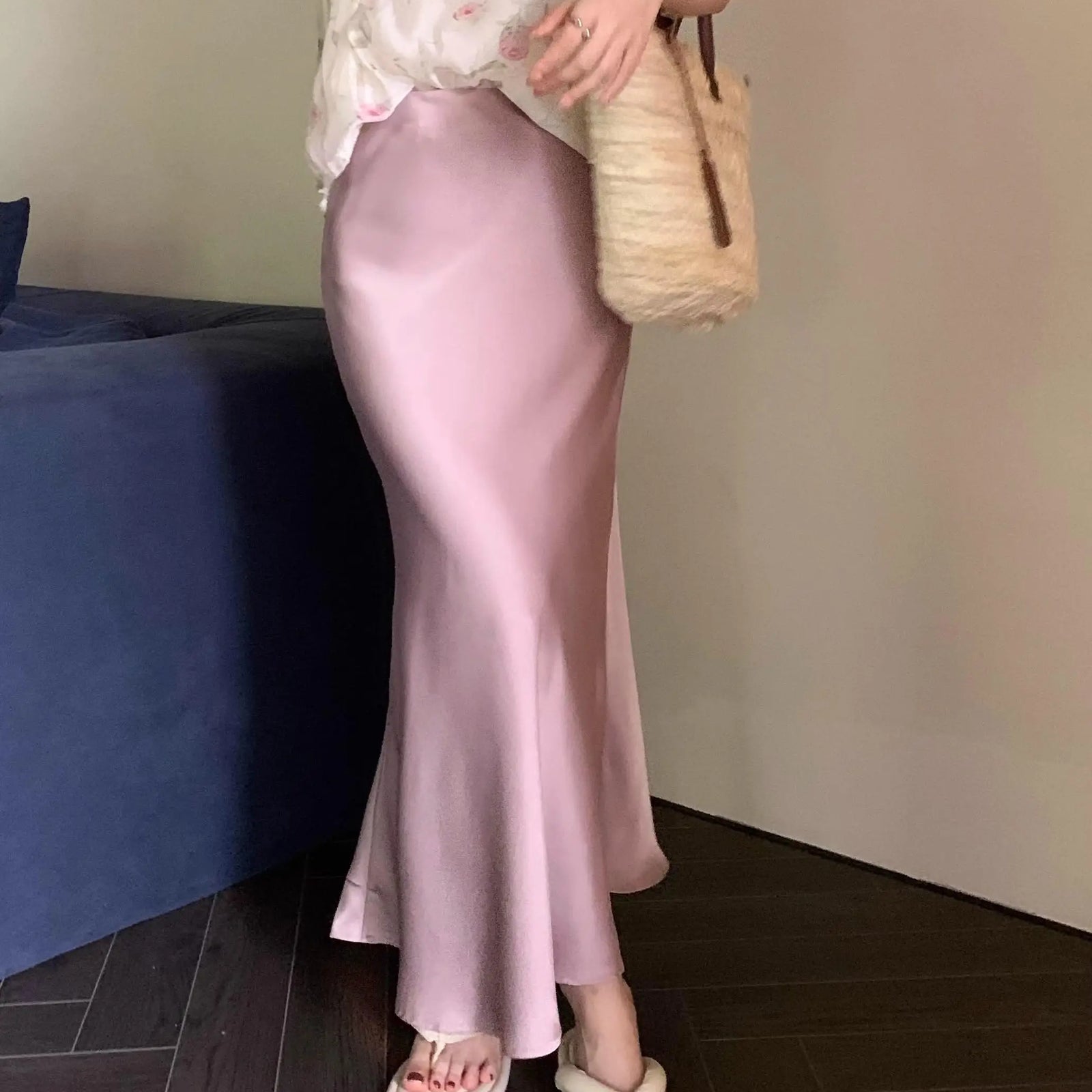 Spring Summer Women Black Beige Elegant Long Skirt Korean Version Pink High Waist Temperament Vacation Half Skirt Versatile Chic
