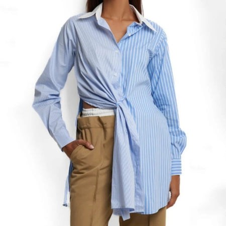 Colorblock Striped Blouses For Women Lapel Long Sleeves Side Split Binding Designer Blouse Female Fashion Clothes